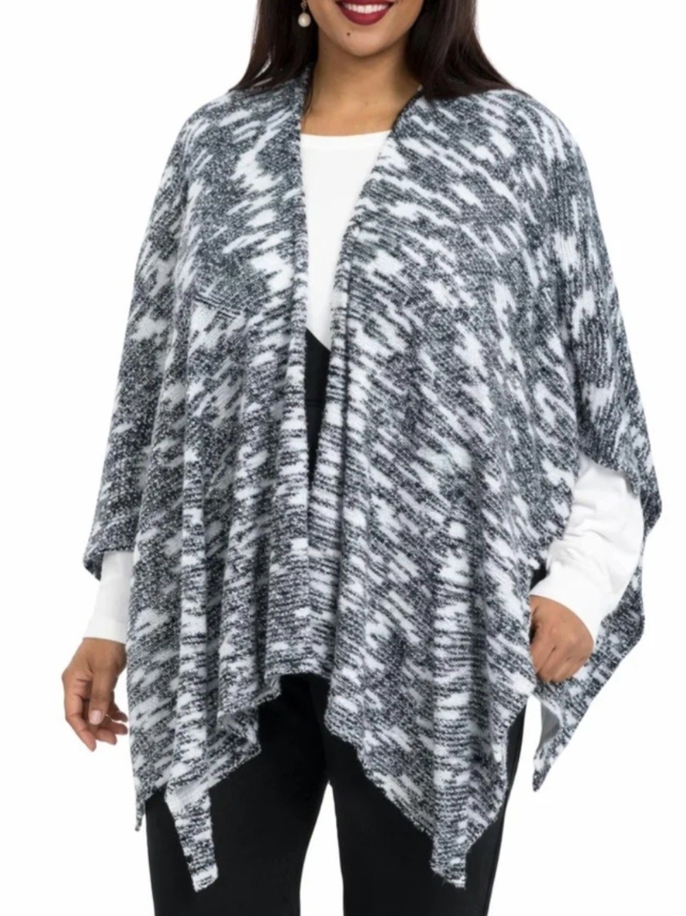 Colleen Lopez Fuzzy Knit Belted Poncho Black White Open Front Size M/L